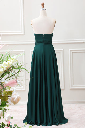 Dark Green A Line Sweetheart Keyhole Pleated Maxi Dress
